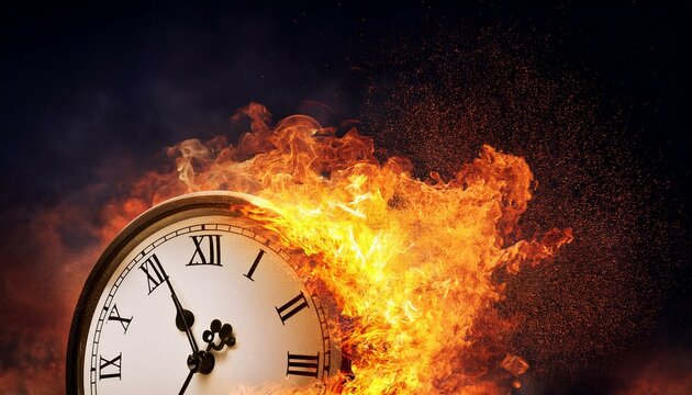 A clock is exploding and burning to show time is money concept; an alarm clock with roman numerals is in flame and burning against a dark background; action photography; concept art and imagination