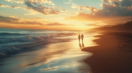 Fototapeta premium Silhouette of a couple walking hand-in-hand on the beach at sunset.