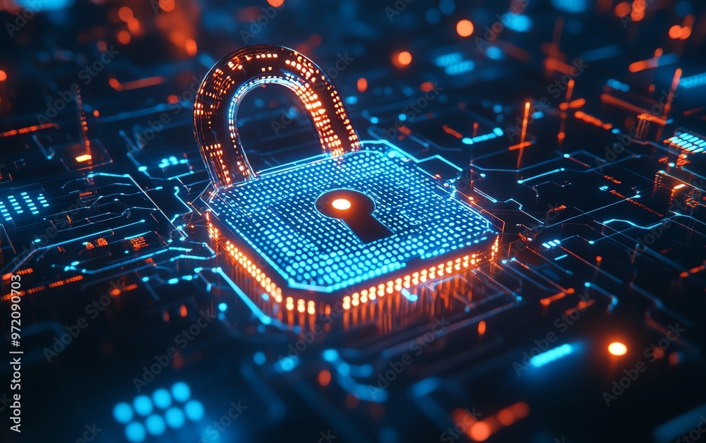 Poster Abstract padlock with binary code, layered futuristic circles, blue and white background, representing cybersecurity protection