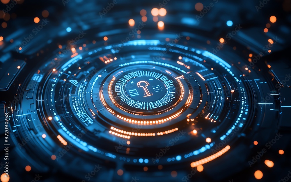 Aufkleber abstract padlock with binary code, layered futuristic circles, blue and white background, representi