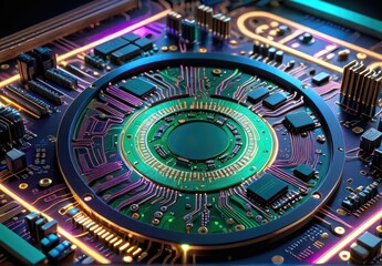Obraz premium Circuit board computer A striking combination of red and blue circuitry within a processor.