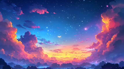 Naklejka premium Dreamy Sunset Sky with Stars and Moon