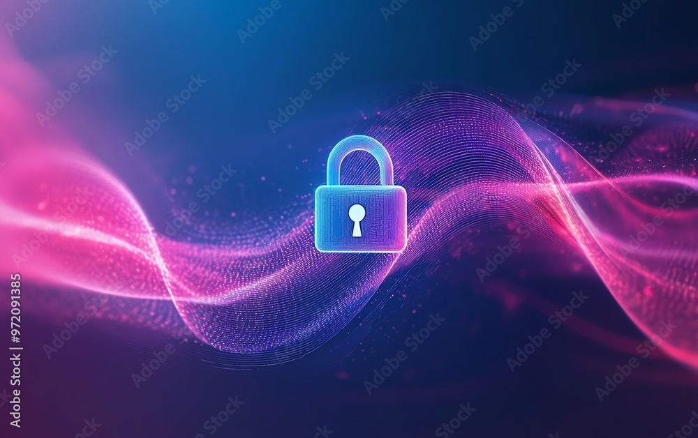 Poster cyber security visual, padlock icon in focus, data transmission waves, dynamic swirling lines, gradi