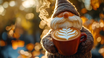 Gnome holding a steaming coffee cup with intricate swan latte art, golden hour sunlight streaming in, Swan Latte Art Gnome, fantasy coffee charm