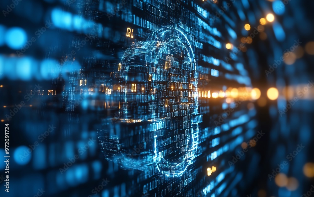Poster cybersecurity padlock image, binary code stream, abstract futuristic circles, blue and white backdro