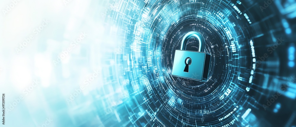 Poster cybersecurity padlock icon, digital binary stream, abstract futuristic circles, soft blue and white 