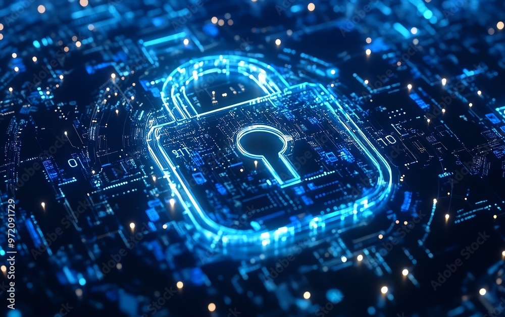 Poster Cybersecurity padlock image, binary code stream, abstract futuristic circles, blue and white backdrop, digital protection theme