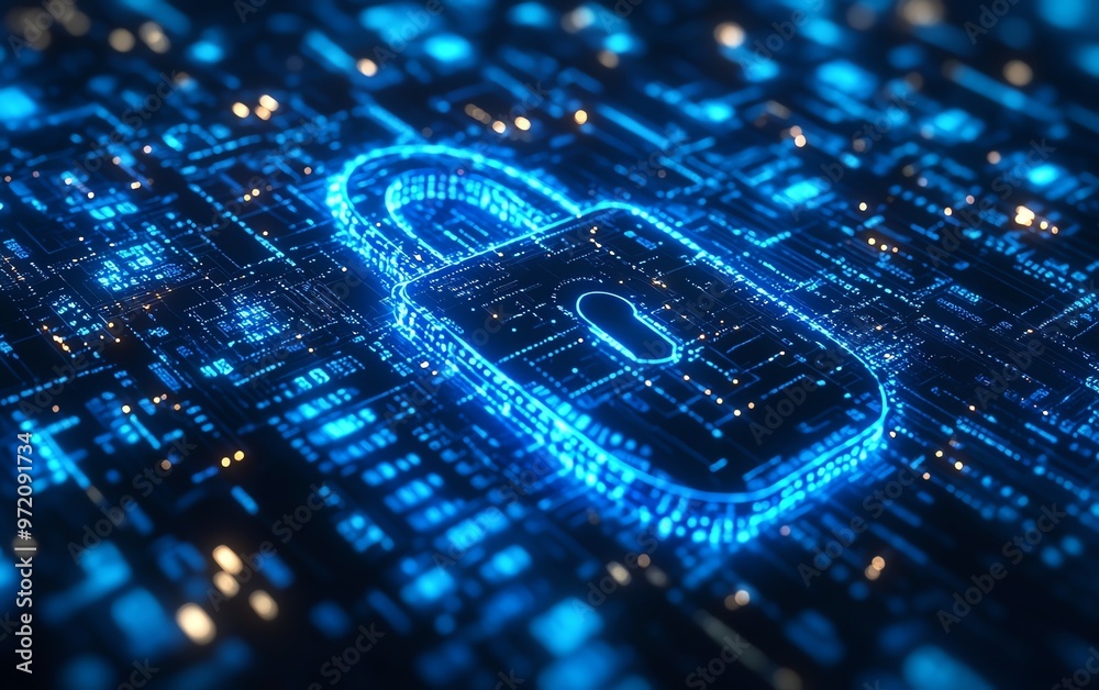 Aufkleber cybersecurity padlock image, binary code stream, abstract futuristic circles, blue and white backdro