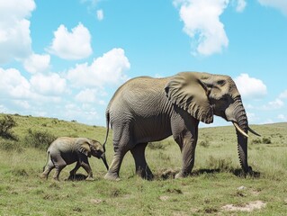 Fototapeta premium Adult and baby elephants in field