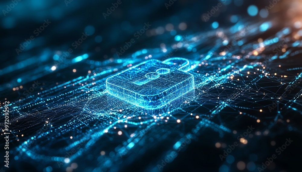 Poster Futuristic digital security, sleek padlock icon, abstract data mapping, flowing network lines, cool blue tones, dynamic tech visual