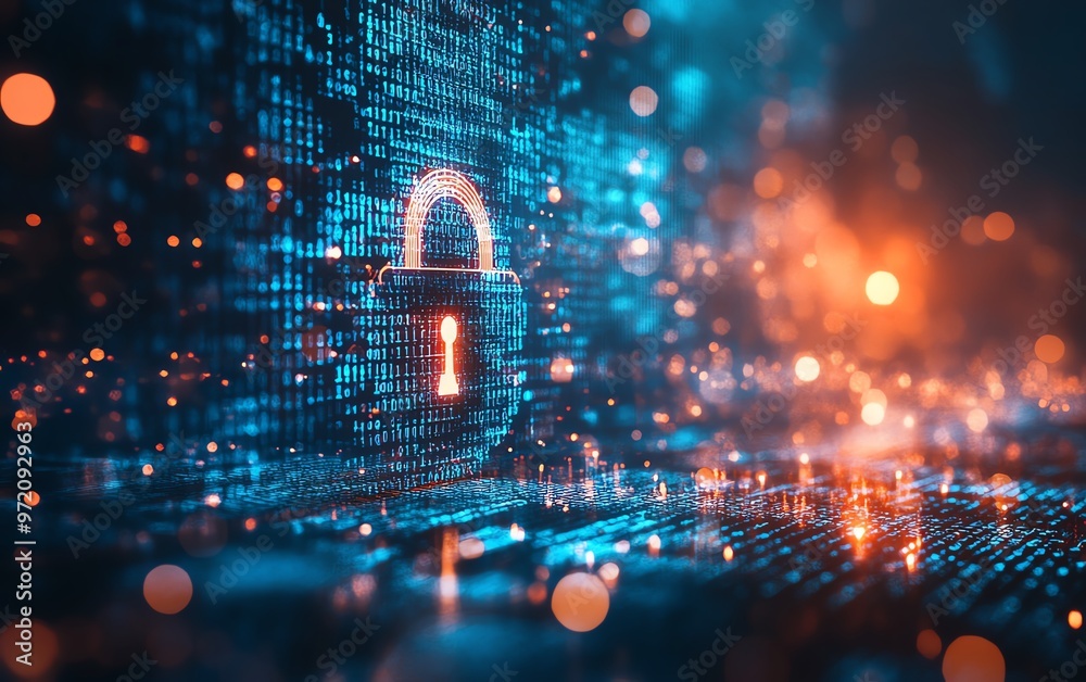 Poster futuristic padlock design, binary code matrix, glowing circles, blue and white background, represent