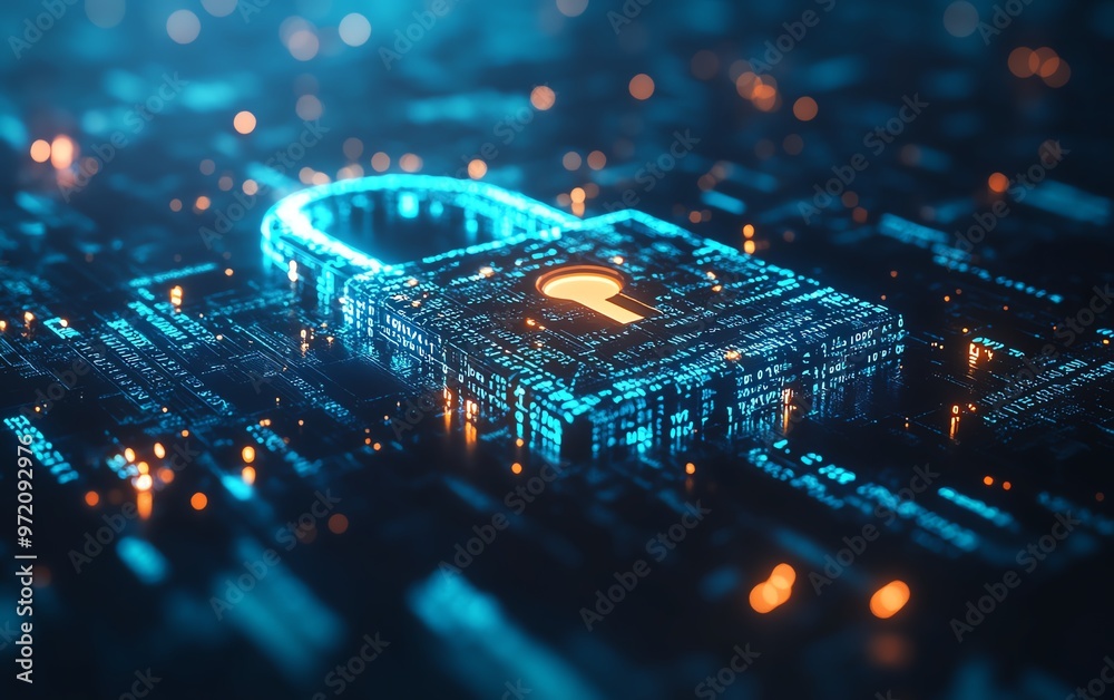 Poster futuristic padlock design, binary code matrix, glowing circles, blue and white background, represent