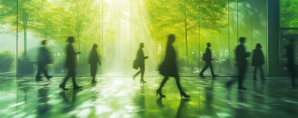 Generative AI, people walking in green workspace, blurred motion, ecofriendly futuristic environment concept