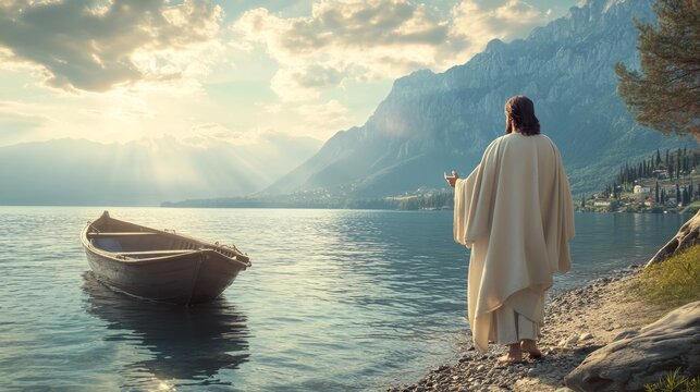 Jesus christ preaching by the lakeshore  a christian illustration of faith and spirituality