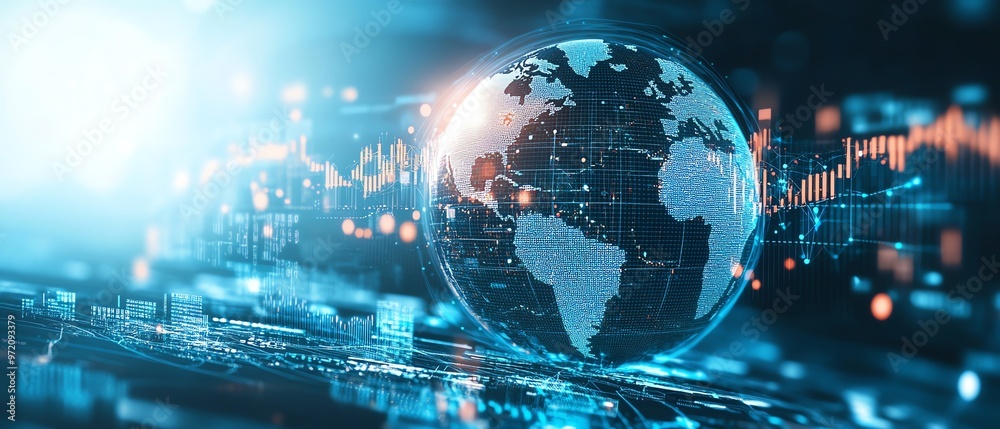 Aufkleber Global finance visualization, digital infographic with globe, charts and data points, light blue and white backdrop, analytics and trends focus