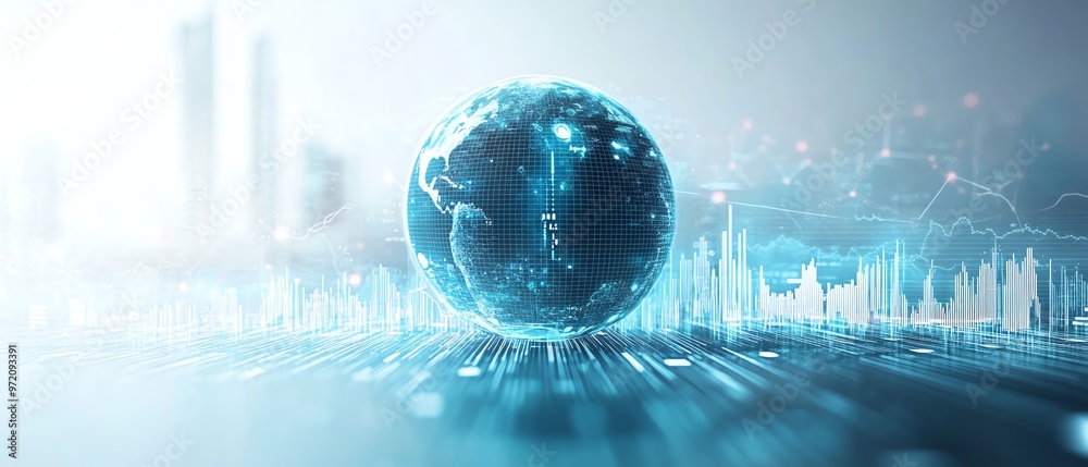 Poster global finance visualization, digital infographic with globe, charts and data points, light blue and