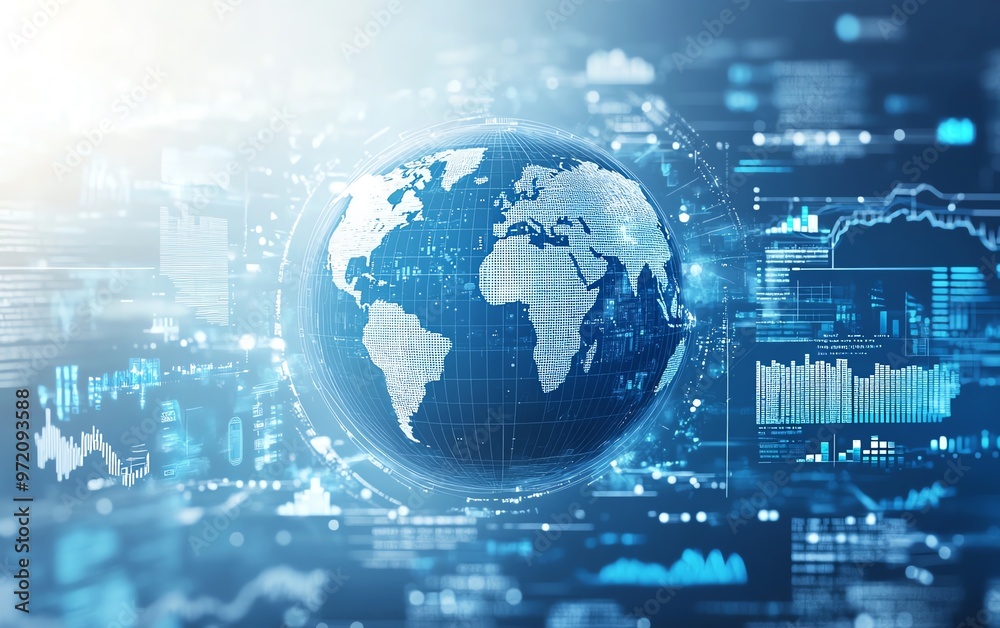 Poster Infographic design with globe, financial trends and statistical data, dynamic graphs on light blue and white background, representing global finance