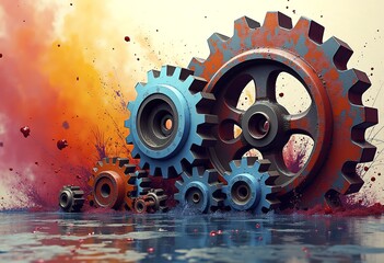 Gears on background of colorful splash painting
