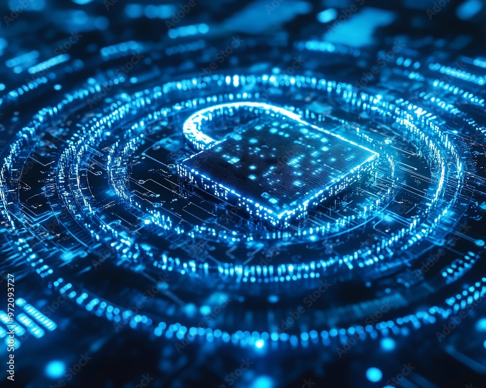 Poster modern padlock illustration, binary data flow, futuristic circle patterns, blue and white background