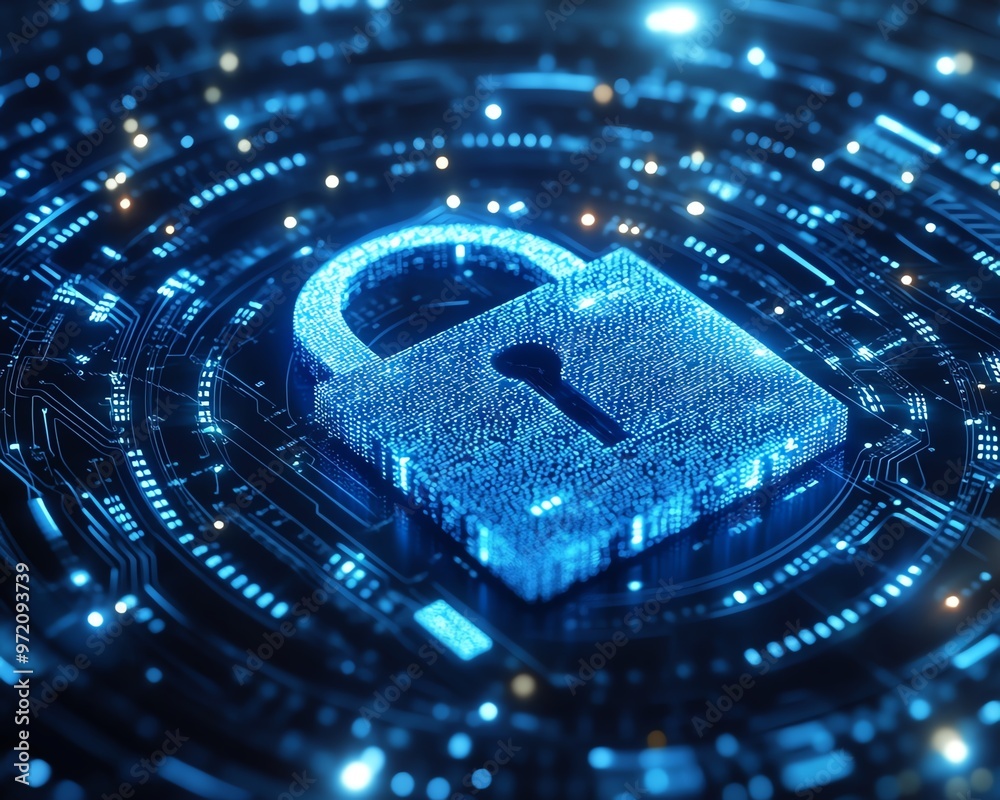 Poster modern padlock illustration, binary data flow, futuristic circle patterns, blue and white background