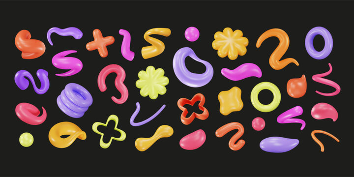 3d plastic joyous and doodle shapes. Playful childish design elements, creative icons, inflated forms. Variety geometric modern graphics renders. Vector illustration.  Cartoon squiggles assortment.
