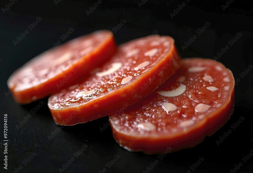 Sticker Three salami slices of chorizo on isolated background