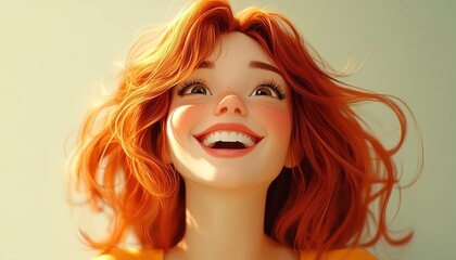 Cartoon portrait of a young adult woman with ginger hair, laughing and happy expression, 3D style, light background, human emotions