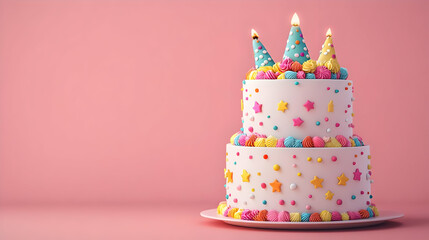 Colorful Birthday Cake with Candles and Sprinkles on Pink Background
