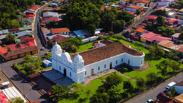 Aerial view of the Catholic church of St. Bartholomew the Apostle in Barva, Heredia, Costa Rica