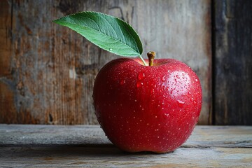 A vibrant, dewy crimson fruit with a green leaf rests on a weathered wooden surface.