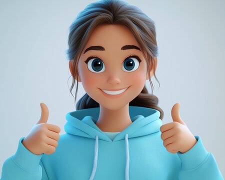 Young adult female in blue hoodie, cartoon style, showing thumbs up and smiling, 3D design, light background, successful human expression - Powered by Adobe