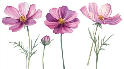 Watercolor Illustration set of Pink cosmos flowers on a white background,spring summer nature,Vibrant pink cosmos blooming,Children's card,banner,raindrops drawn by hand.