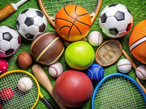 A colorful arrangement of various sports equipment, including basketballs, soccer balls, tennis rackets, and baseball bats, scattered against a bright green artificial turf background.
