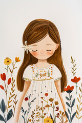 Cute little girl in a white dress with a floral pattern, illustration in Scandinavian style, folk art style on a white background