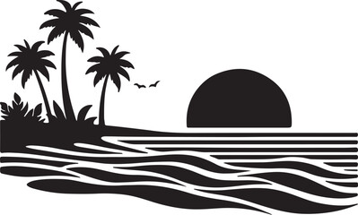 Sun rise on the sea beach silhouette vector art illustration with coconut tree, flying birds icon design.