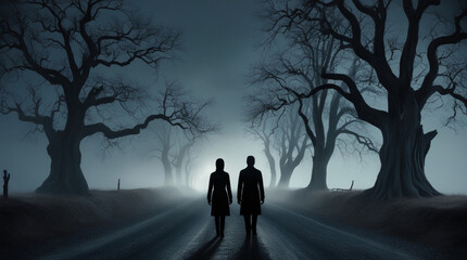 The people is walking at  the midnight.