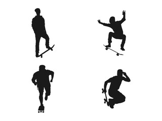 skateboarders silhouettes. Skateboarding Silhouette Vector illustration. Thrilling Tricks on Wheels Silhouette Vector of Skateboarding Stunt. Black silhouette of an athlete skateboarder in a jump.