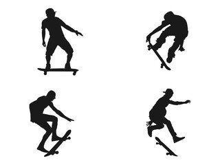 skateboarders silhouettes. Skateboarding Silhouette Vector illustration. Thrilling Tricks on Wheels Silhouette Vector of Skateboarding Stunt. Black silhouette of an athlete skateboarder in a jump.