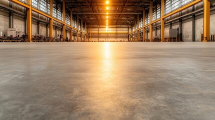 Fototapeta premium Spacious factory floor with organized machinery, high ceilings, clean concrete surfaces, and industrial lighting