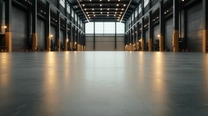 Spacious factory floor with organized machinery, high ceilings, clean concrete surfaces, and industrial lighting
