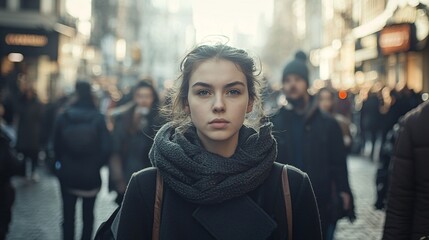 Fototapeta premium A determined young woman exudes strength and defiance as she faces a crowd, symbolizing empowerment and resilience.