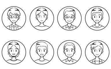 様々な年代の大人男性　ポジティブな表情　丸いアイコンセット　線画