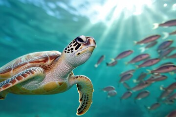 Obraz premium A graceful sea turtle glides through clear blue waters, surrounded by schools of fish, illuminated by shimmering sunlight.