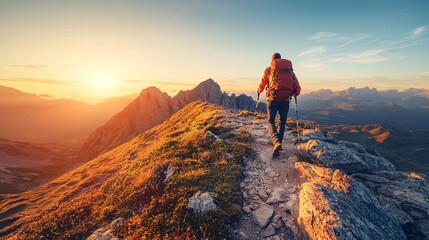 Obraz premium An intrepid explorer ascends a challenging peak at dawn, immersed in stunning vistas and a vibrant azure sky.