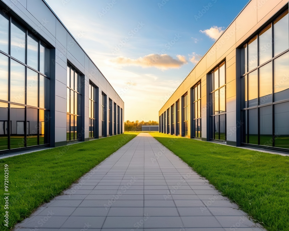 Wall mural Wide-angle shot of a modern factory, spacious layout, steel and glass exterior, surrounded by green open spaces