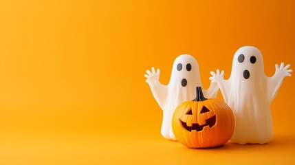 Cute ghost figurines and pumpkins on an orange background, perfect for Halloween celebration themes and decorations.