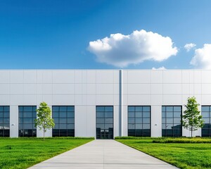 Obraz premium Wide-angle shot of a modern factory, spacious layout, steel and glass exterior, surrounded by green open spaces