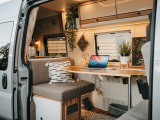Interior view of a camper van with a work-from-home setup