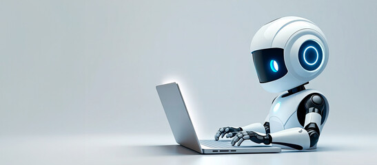 Robot chat bot is using computer laptop, copy space for text, banner. Digital background, futuristic smart technology concept, control by artificial intelligence