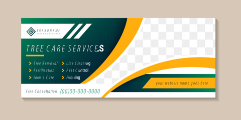lawn care gardening landscape service social media banner template. tree care services poster in horizontal layout with space for photo. green gradient background with yellow and white element.